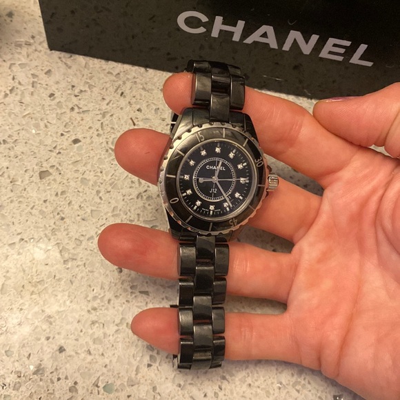 Chanel Diamond steel black watch 6” wrist J12 & Magazine  by Chanel - Picture 6 of 14